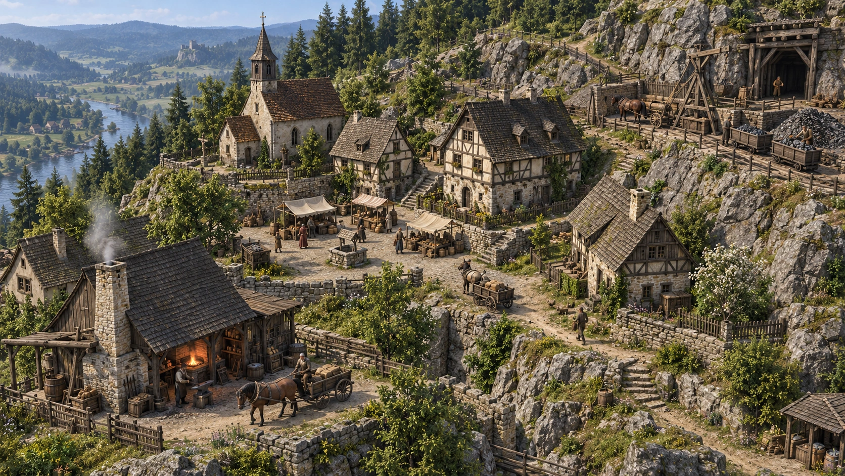 Erzheim als Konzeptbild von oben: Bergwerk am felsigen Hang, Schmiede, Fachwerkhäuser und Wege für Erztransporte.