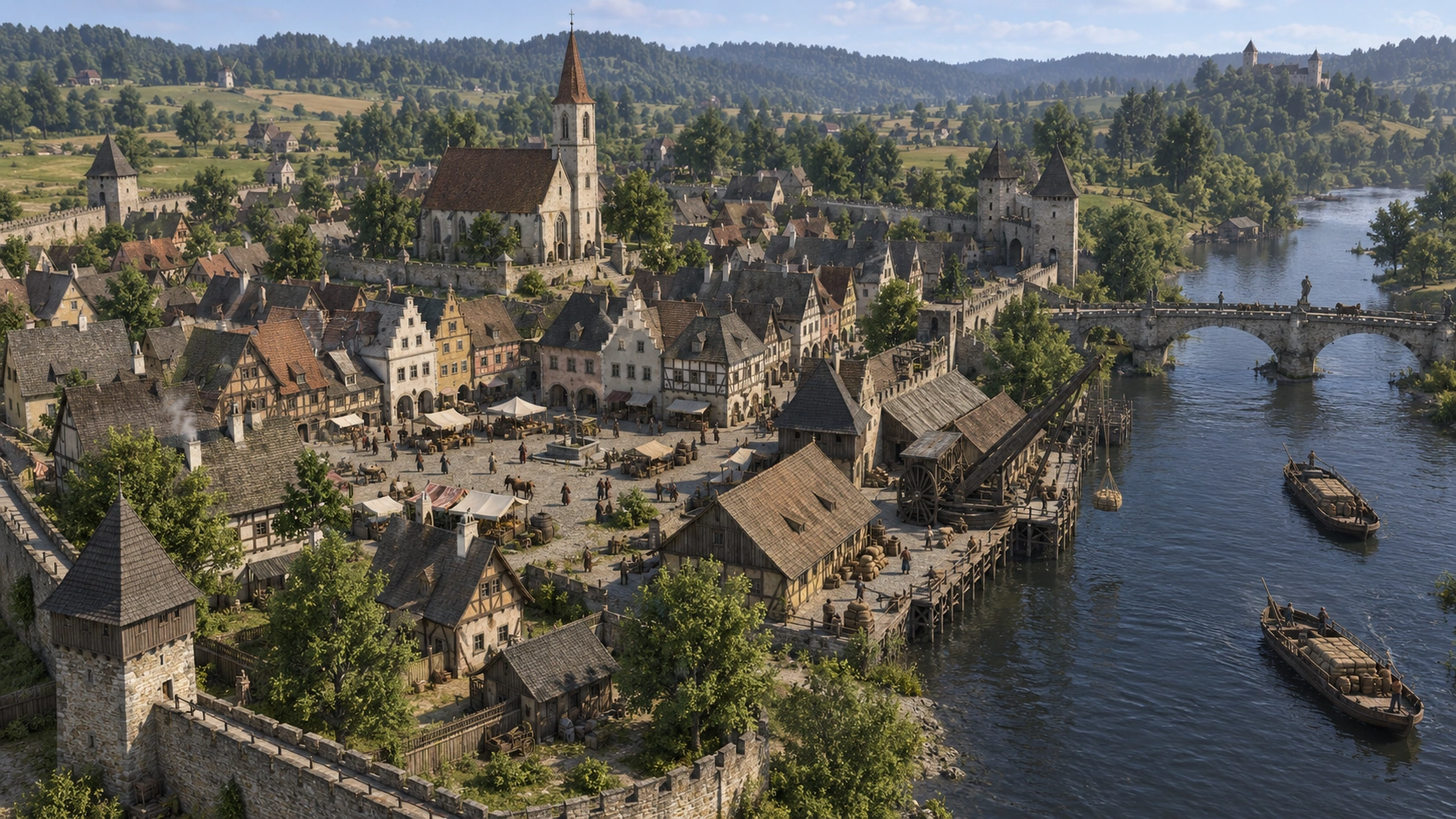 Erlenfurt als Konzeptbild aus der Strategieperspektive: ummauerte Fachwerkstadt mit Markt, Flusshafen und Steinbrücke.