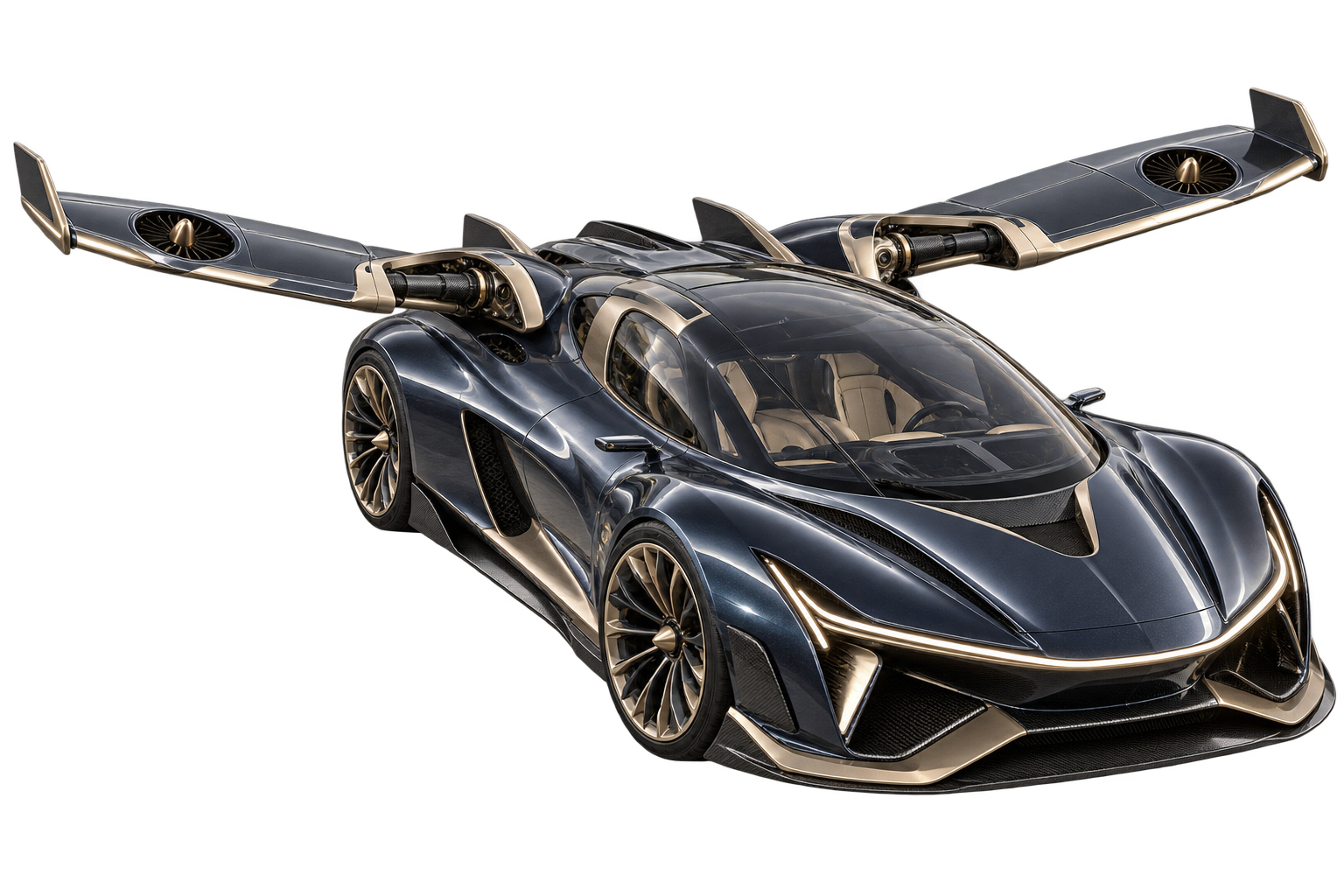 Futuristischer Sportwagen mit dunkler Metallkarosserie, ausfahrenden Flugflügeln und feinen Lichtsignaturen.