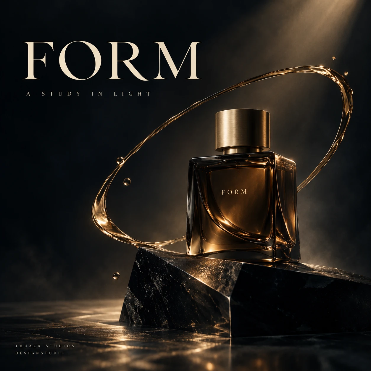 FORM: skulpturale Parfumflasche aus dunklem Glas, umgeben von einer schwebenden goldenen Flüssigkeitsbahn.