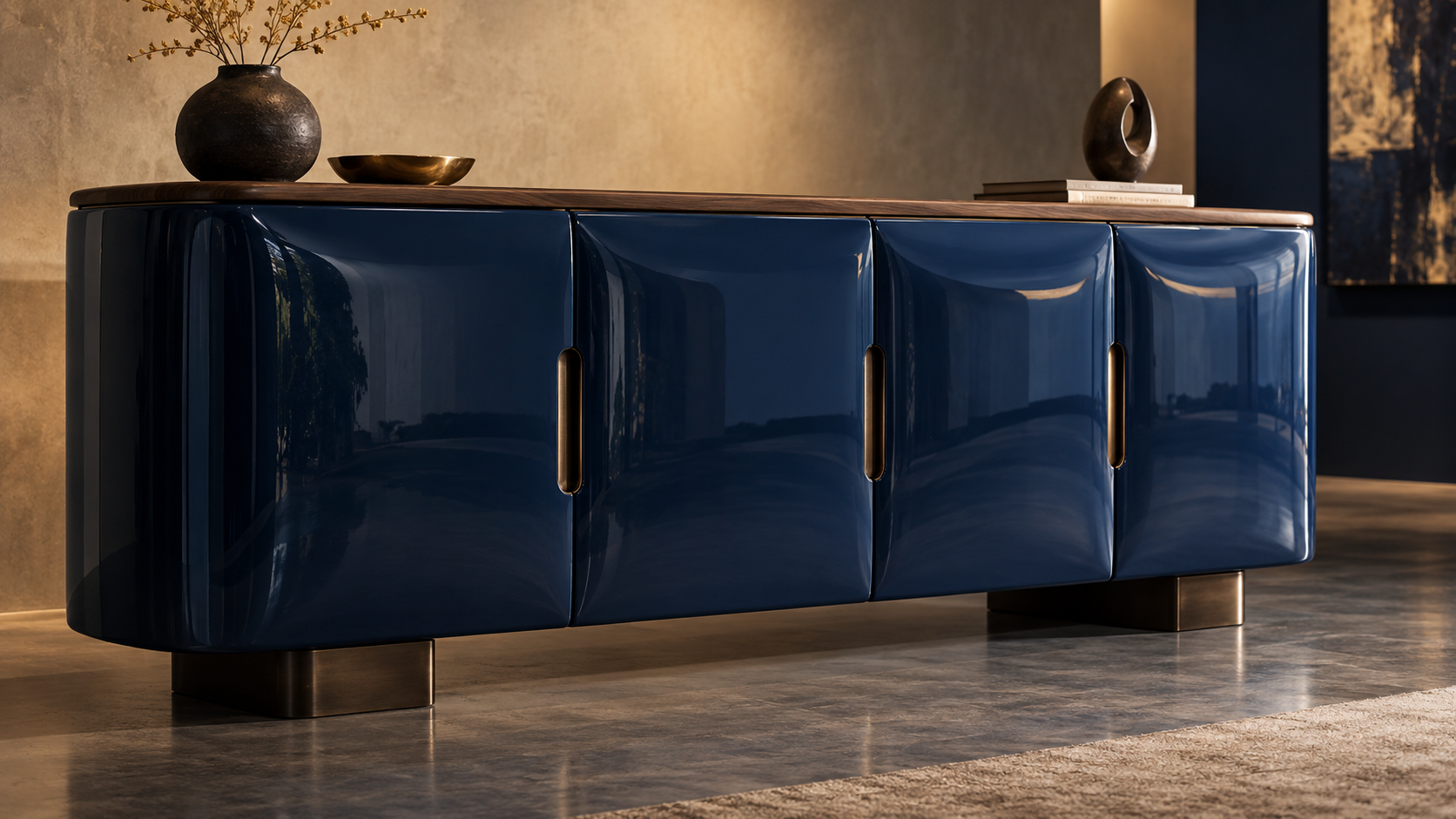 Dunkelblau lackierte Möbelfronten eines Design-Sideboards