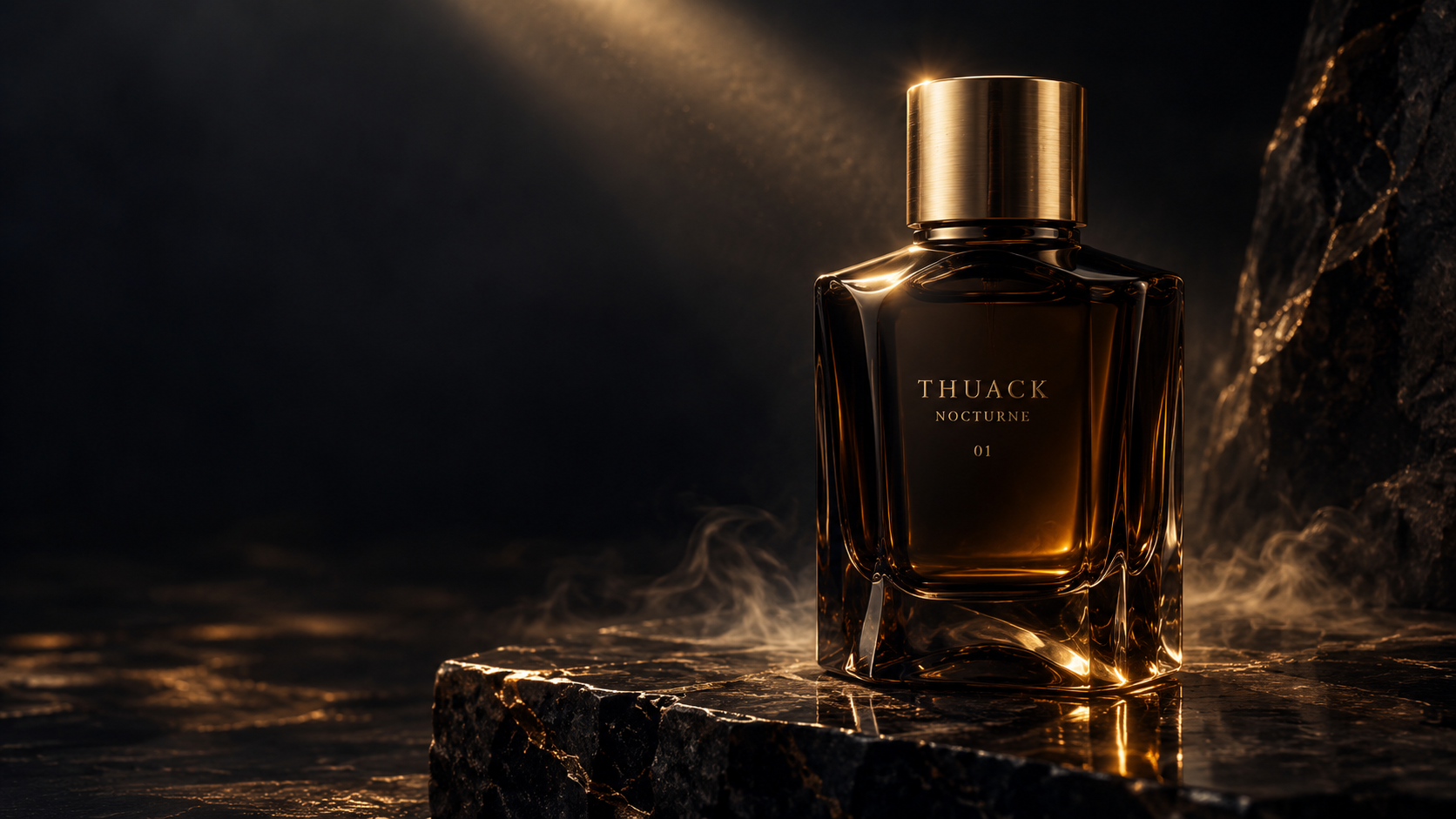 Nocturne: warmer Goldreflex auf einem dunklen Parfumflakon.