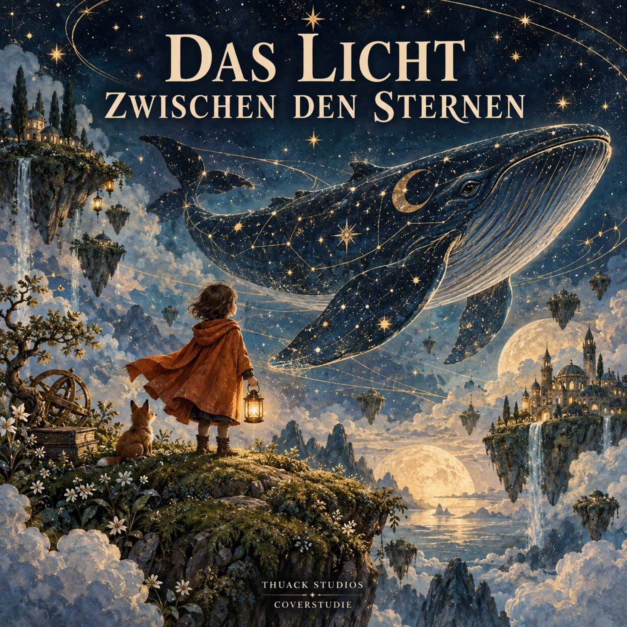 Coverstudie Das Licht zwischen den Sternen: ein Kind mit Laterne begegnet einem kosmischen Wal zwischen schwebenden Inseln.