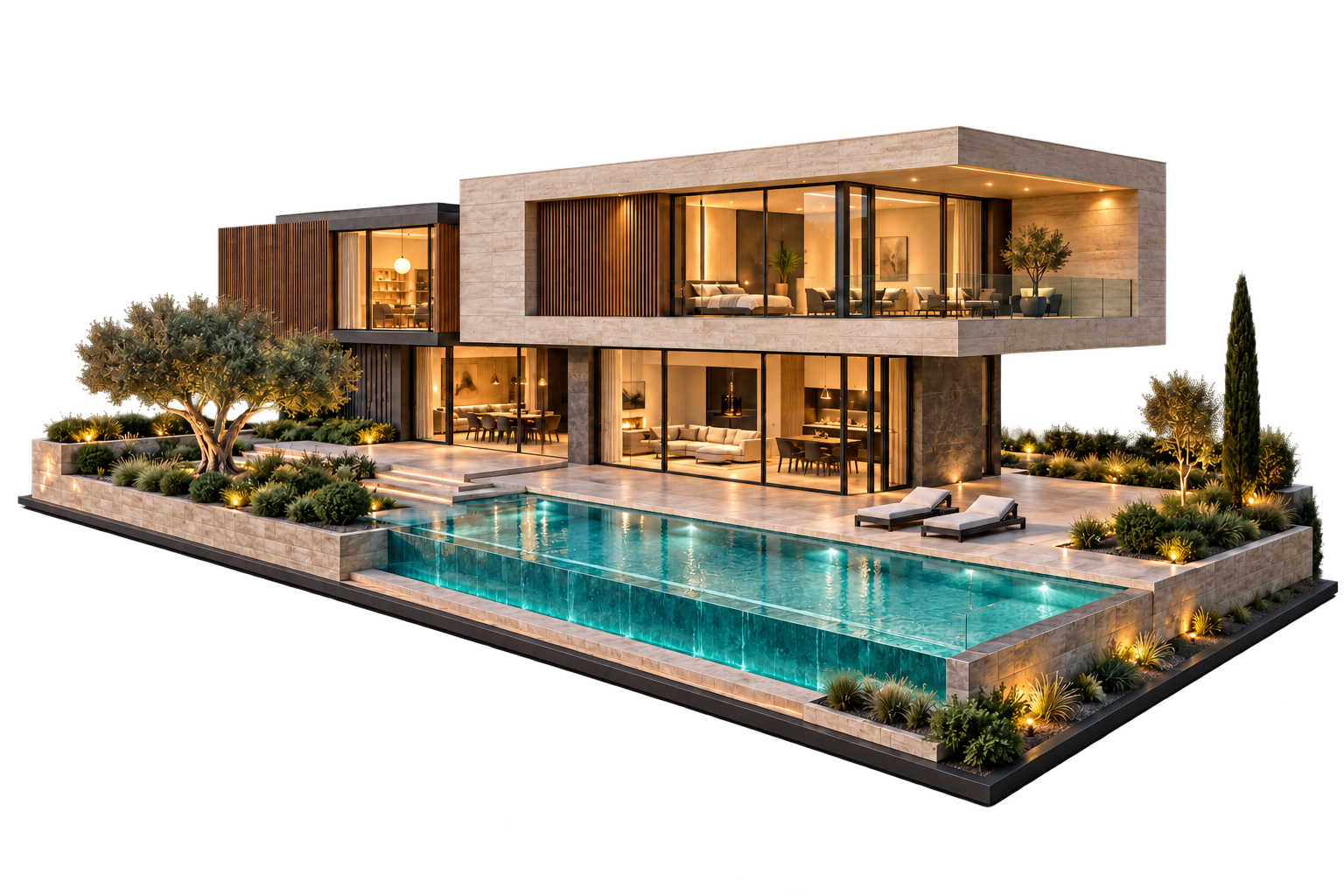 Villa Aurea mit warm beleuchteten Glasfronten, Infinity-Pool, Terrasse und Pflanzen, freigestellt ohne Hintergrund.
