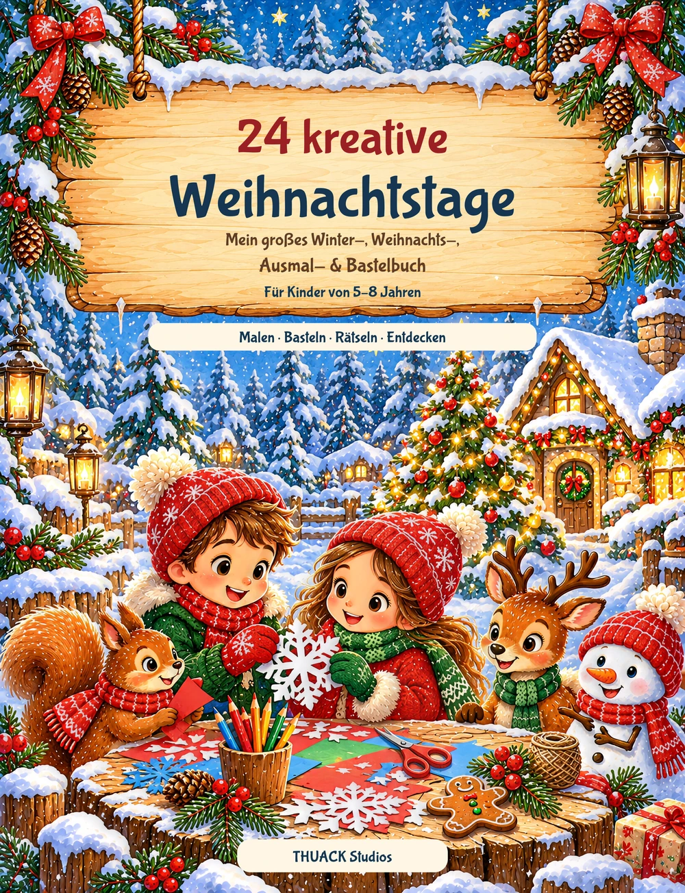 Originalcover 24 kreative Weihnachtstage, das Winter-Weihnachts-Ausmal- und Bastelbuch von THUACK Studios.