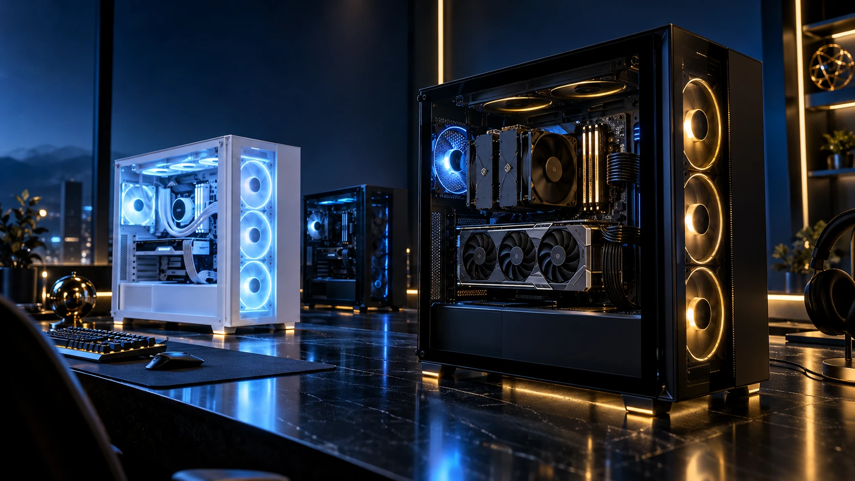 Schwarzer Gaming-PC mit goldenen Lüftern und ein weißer Build mit blauem Licht als Designinspiration.