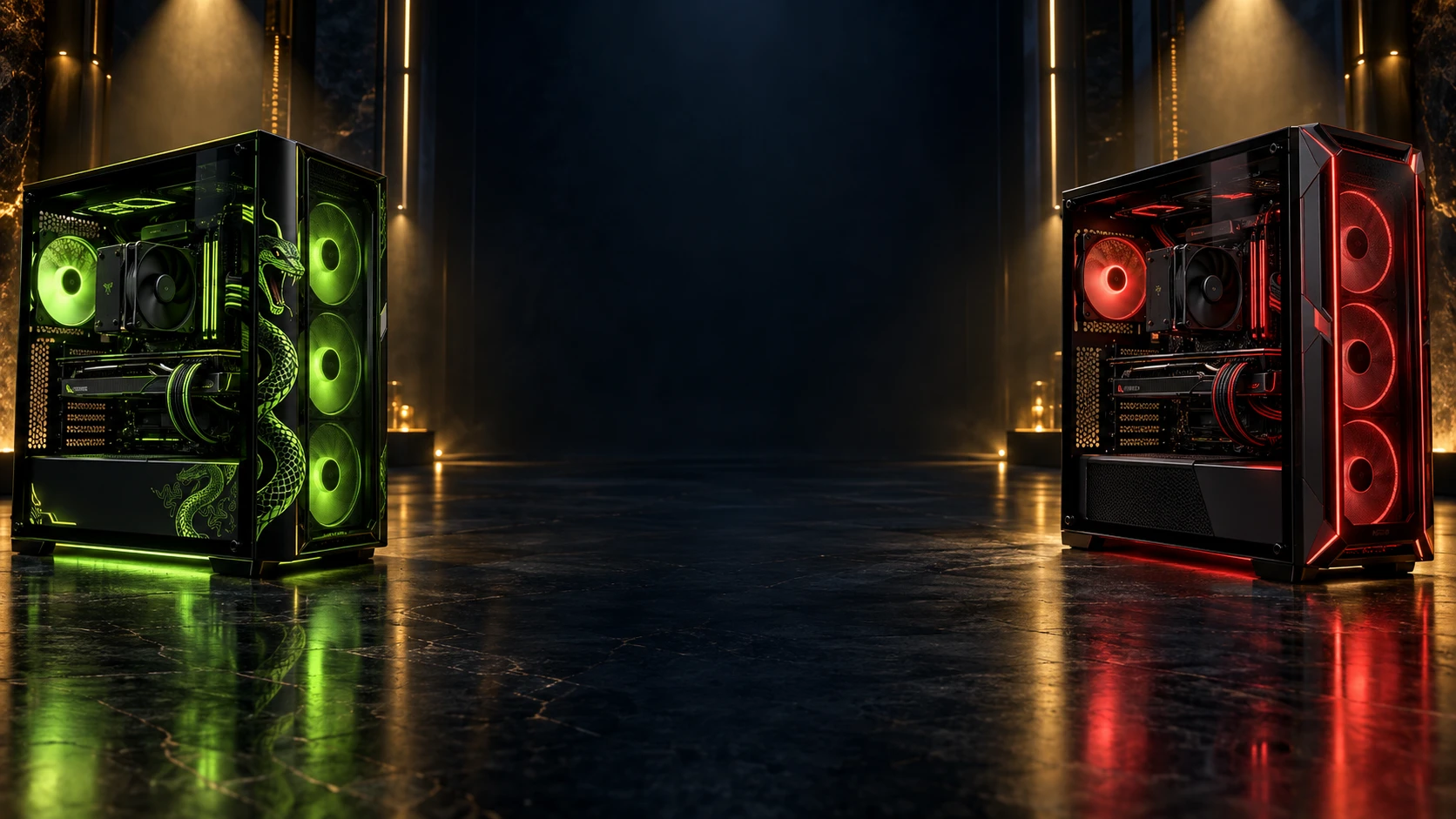 Giftgrüner und roter Gaming-PC im goldenen Rampenlicht als Look-Inspiration.