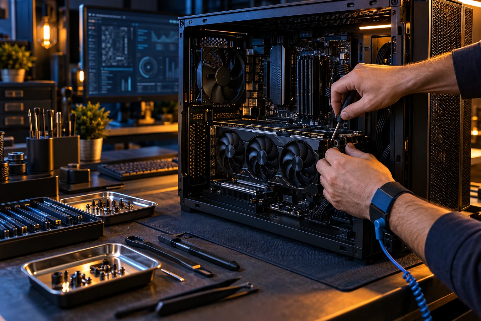 Illustrative moderne PC-Werkbank mit geöffnetem Rechner, Präzisionswerkzeug und Händen bei der Montage.