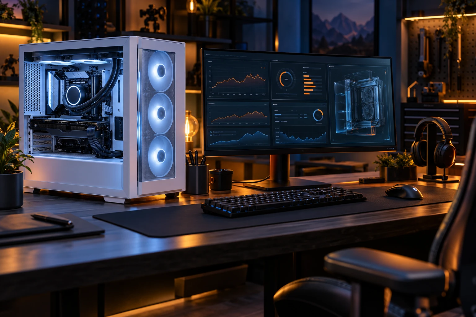 Illustrativer weißer Gaming-PC mit Monitor auf einem aufgeräumten Arbeitsplatz für Einrichtung und Tests.