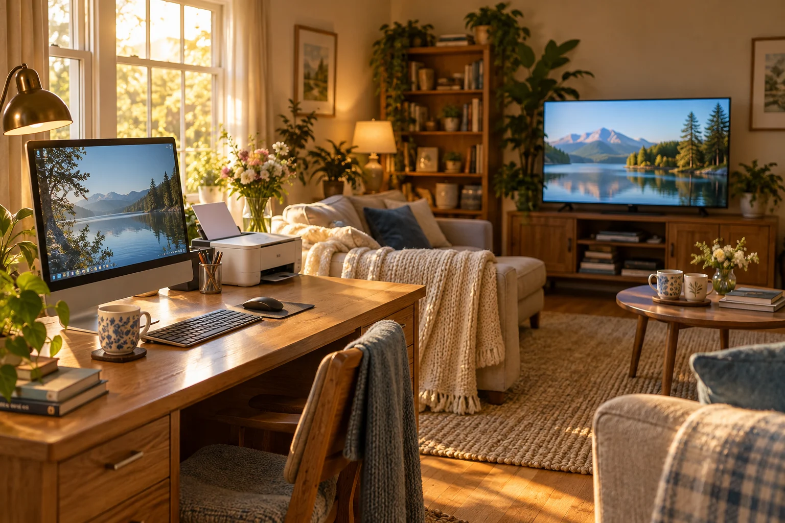 Gemütlicher Wohnraum mit Computer, Drucker und Fernseher im warmen Licht.